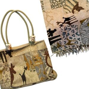 Sun & Sand Canvas Tote Bag & Scarf Shawl Set Giraffe Safari Motif Unique Print